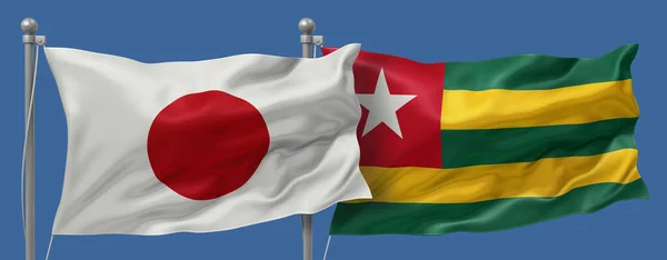 Japan flag and Togo flags on a blue sky background, banner 3D Illustration