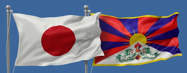 Japan flag and Tibet flags on a blue sky background, banner 3D Illustration