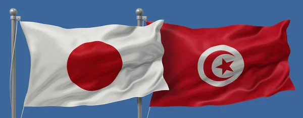 Japan flag and Tunisia flags on a blue sky background, banner 3D Illustration