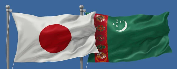 Japan flag and Turkmenistan flags on a blue sky background, banner 3D Illustration