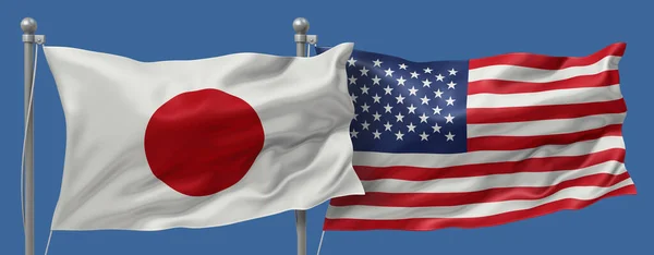 Japan flag and United States flags on a blue sky background, banner 3D Illustration