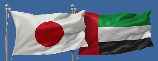 Japan flag and United Arab Emirates flags on a blue sky background, banner 3D Illustration