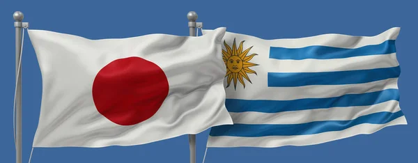 Japan flag and Uruguay flags on a blue sky background, banner 3D Illustration