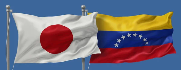 Japan flag and Venezuela flags on a blue sky background, banner 3D Illustration