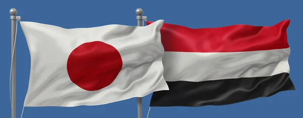 Japan flag and Yemen flags on a blue sky background, banner 3D Illustration