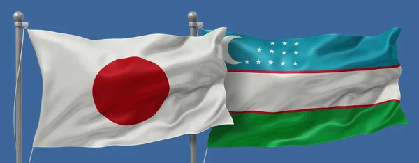 Japan flag and Uzbekistan flags on a blue sky background, banner 3D Illustration