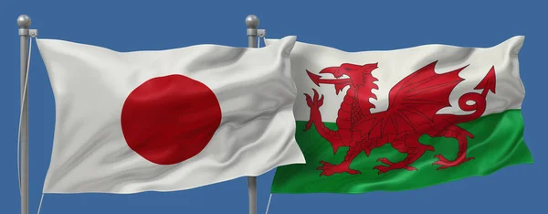 Japan flag and Wales flags on a blue sky background, banner 3D Illustration