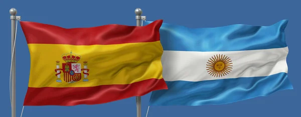 Spain flag and Argentina flag on a blue sky background, banner 3D Illustration