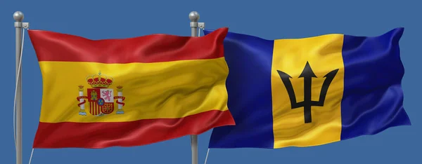 Spain flag and Barbados flag on a blue sky background, banner 3D Illustration