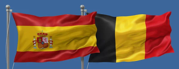 Spain flag and Belgium flag on a blue sky background, banner 3D Illustration