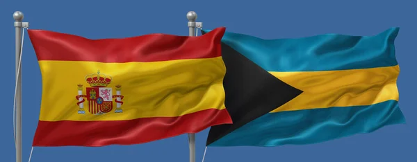 Spain flag and Bahamas flag on a blue sky background, banner 3D Illustration