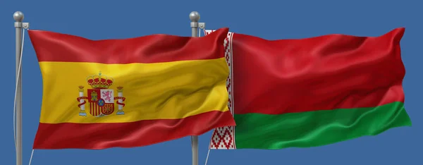 Spain flag and Belarus flag on a blue sky background, banner 3D Illustration