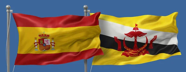 Spain flag and Brunei Darussalam flag on a blue sky background, banner 3D Illustration