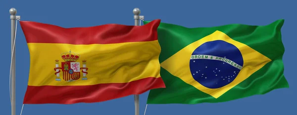 Spain flag and Brazil flag on a blue sky background, banner 3D Illustration