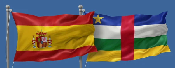 Spain flag and Central African flag on a blue sky background, banner 3D Illustration