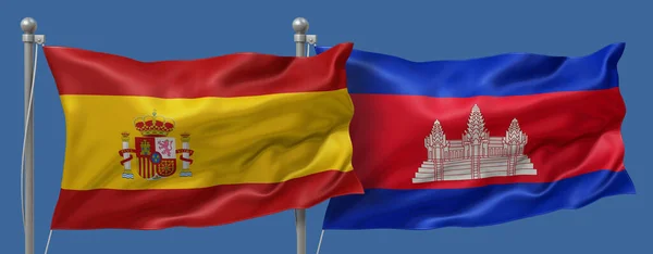 Spain flag and Cambodia flag on a blue sky background, banner 3D Illustration
