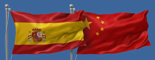 Spain flag and China flag on a blue sky background, banner 3D Illustration