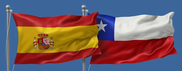 Spain flag and Chile flag on a blue sky background, banner 3D Illustration