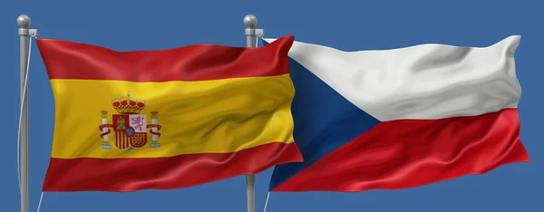 Spain flag and Czech Republic flag on a blue sky background, banner 3D Illustration