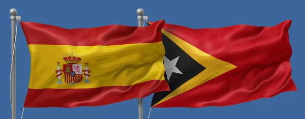 Spain flag and East Timor flag on a blue sky background, banner 3D Illustration