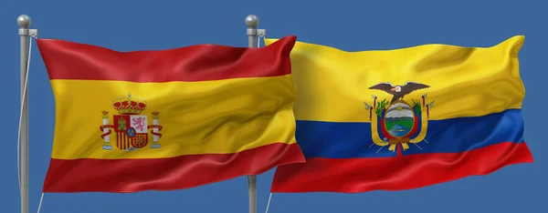 Spain flag and Ecuador flag on a blue sky background, banner 3D Illustration