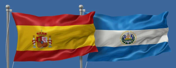 Spain flag and El Salvador flag on a blue sky background, banner 3D Illustration