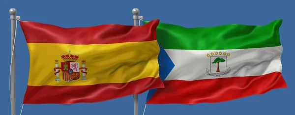 Spain flag and Equatorial Guinea flag on a blue sky background, banner 3D Illustration
