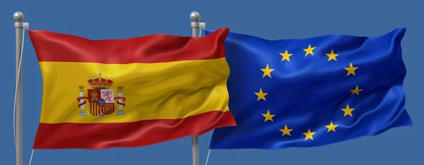 Spain flag and European Union flag on a blue sky background, banner 3D Illustration