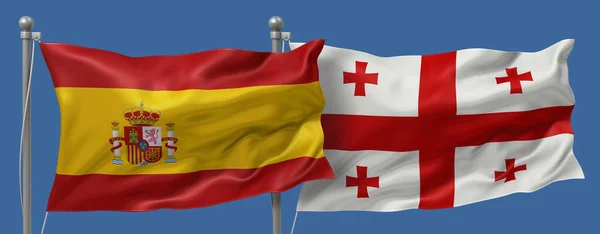 Spain flag and Georgia flag on a blue sky background, banner 3D Illustration