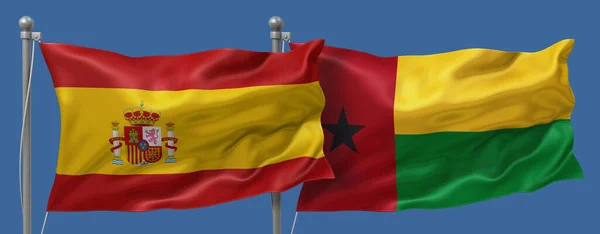 Spain flag and Guinea-Bissau flag on a blue sky background, banner 3D Illustration