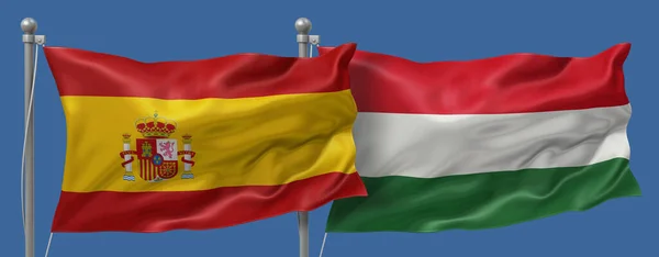 Spain flag and Hungary flag on a blue sky background, banner 3D Illustration