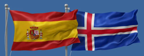 Spain flag and Iceland flag on a blue sky background, banner 3D Illustration