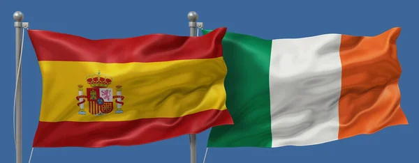 Spain flag and Ireland flag on a blue sky background, banner 3D Illustration