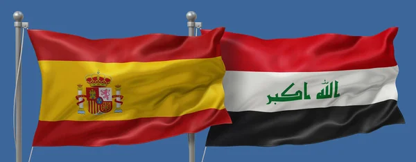 Spain flag and Iraq flag on a blue sky background, banner 3D Illustration