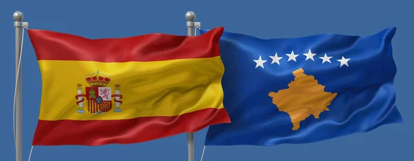 Spain flag and Kosovo flag on a blue sky background, banner 3D Illustration