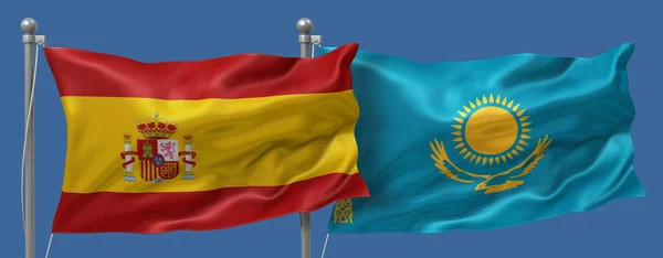 Spain flag and Kazakhstan flag on a blue sky background, banner 3D Illustration