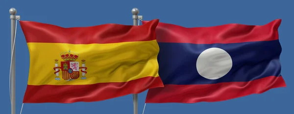 Spain flag and Laos flag on a blue sky background, banner 3D Illustration