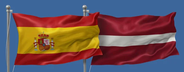 Spain flag and Latvia flag on a blue sky background, banner 3D Illustration