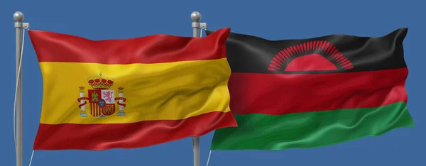 Spain flag and Malawi flag on a blue sky background, banner 3D Illustration