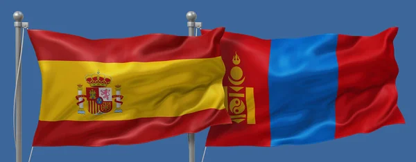 Spain flag and Mongolia flag on a blue sky background, banner 3D Illustration