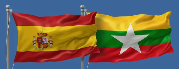 Spain flag and Myanmar-Burma flag on a blue sky background, banner 3D Illustration