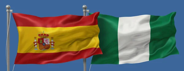Spain flag and Nigeria flag on a blue sky background, banner 3D Illustration