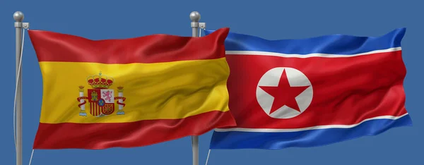 Spain flag and North Korea flag on a blue sky background, banner 3D Illustration