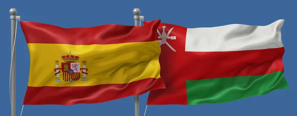 Spain flag and Oman flag on a blue sky background, banner 3D Illustration