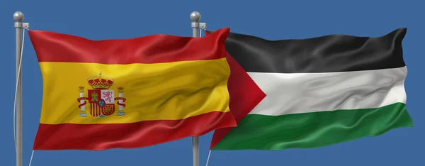 Spain flag and Palestine flag on a blue sky background, banner 3D Illustration