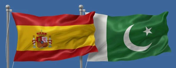 Spain flag and Pakistan flag on a blue sky background, banner 3D Illustration