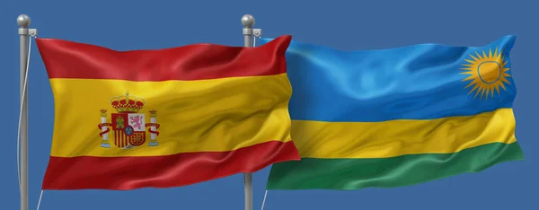 Spain flag and Rwanda flag on a blue sky background, banner 3D Illustration