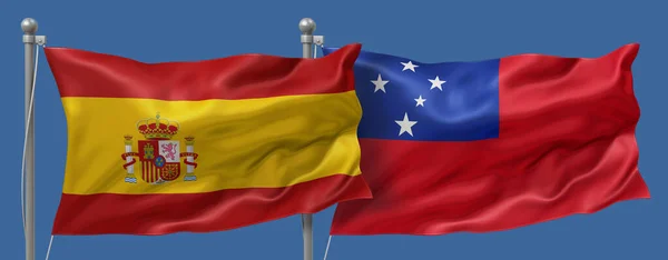 Spain flag and Samoa flag on a blue sky background, banner 3D Illustration