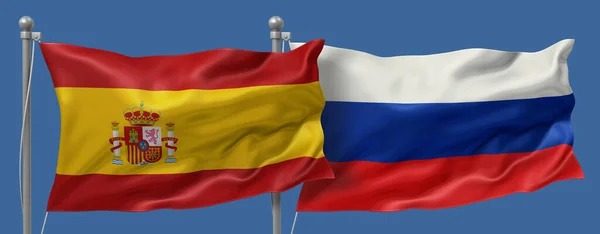 Spain flag and Russian flag on a blue sky background, banner 3D Illustration