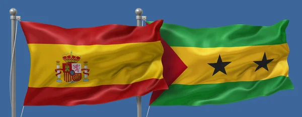 Spain flag and Sao Tome flag on a blue sky background, banner 3D Illustration